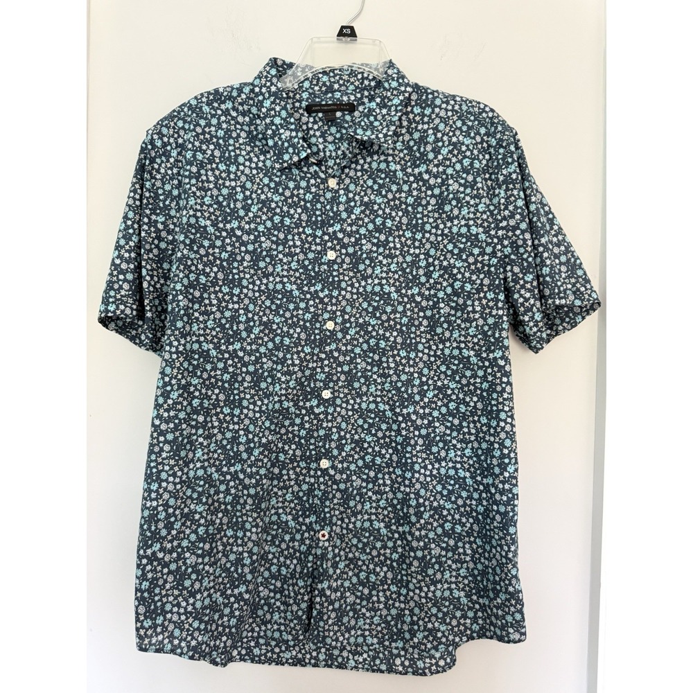 John Varvatos Blue Floral Sz L Button Up Casual Shirt Short Sleeve USA Summer